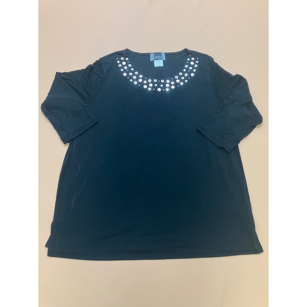 Slinky Brand Embellished Top Black Metal Detail 3/4‎ Sleeve Plus Size Petite 2X